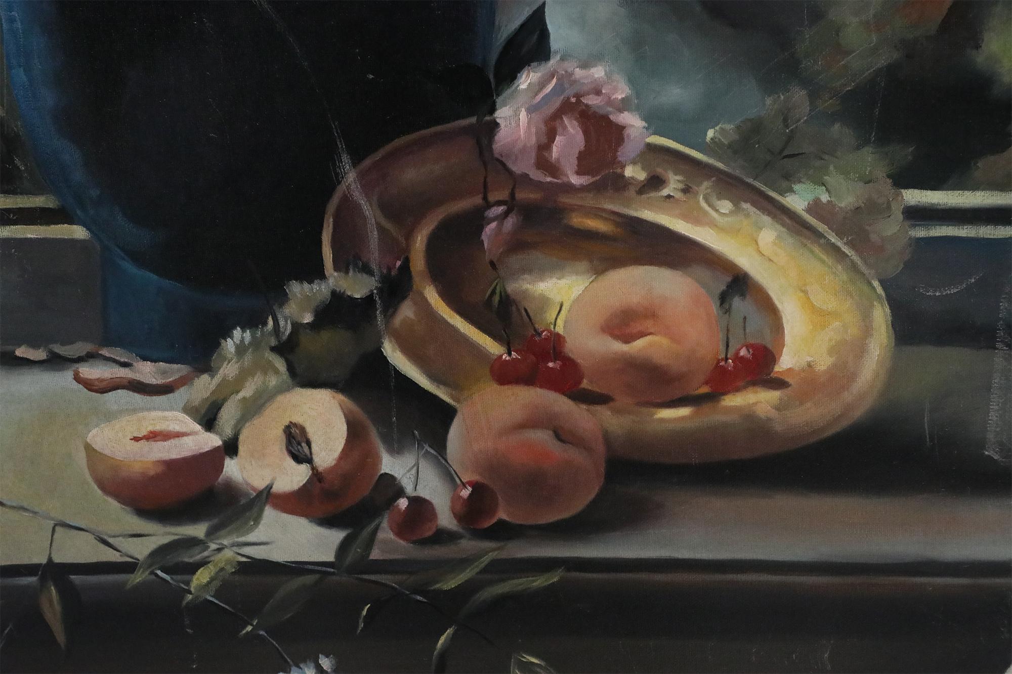 Floral Arrangement and Peaches Still Life Painting on Canvas In Good Condition For Sale In New York, NY