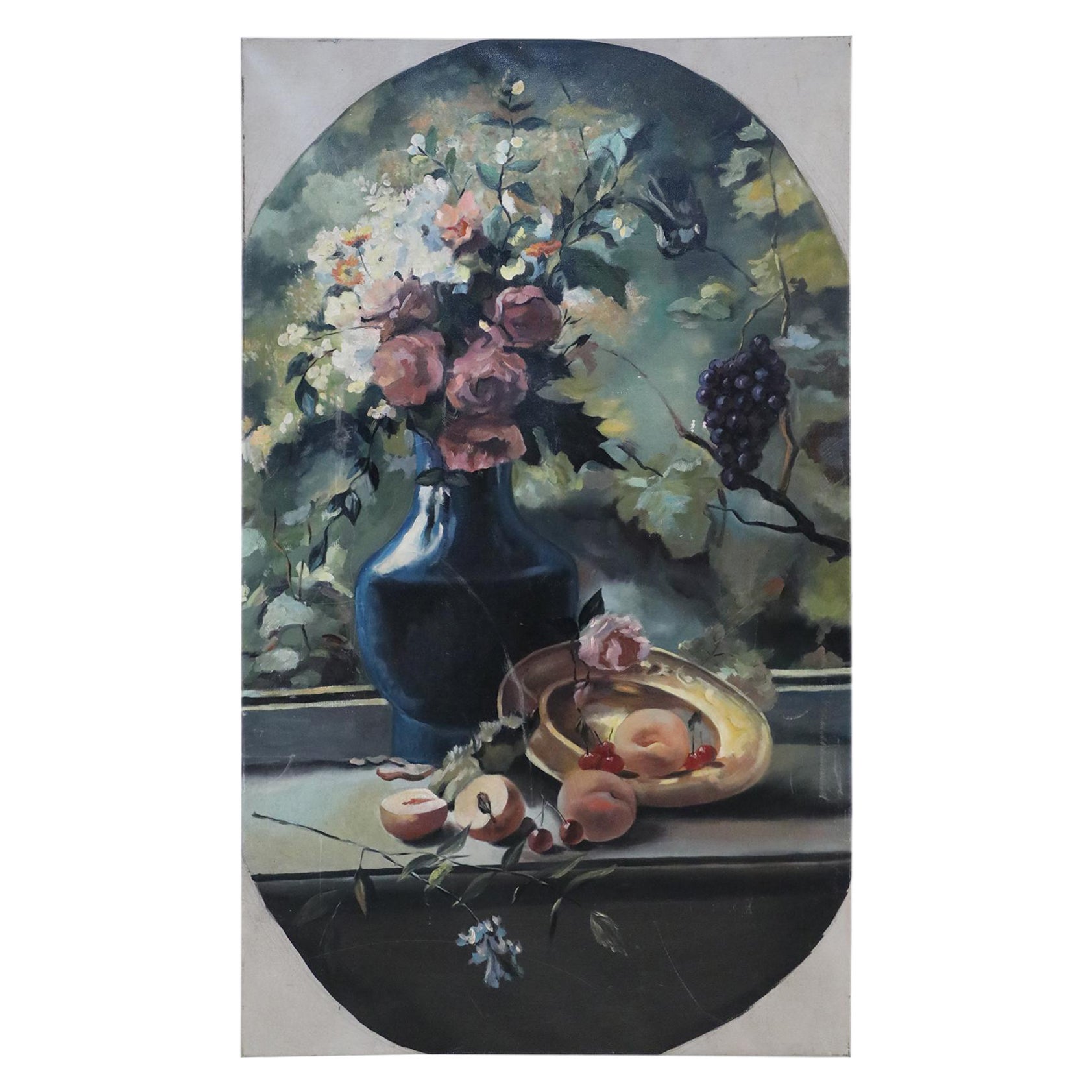 Floral Arrangement and Peaches Stillleben, Gemälde auf Leinwand im Angebot