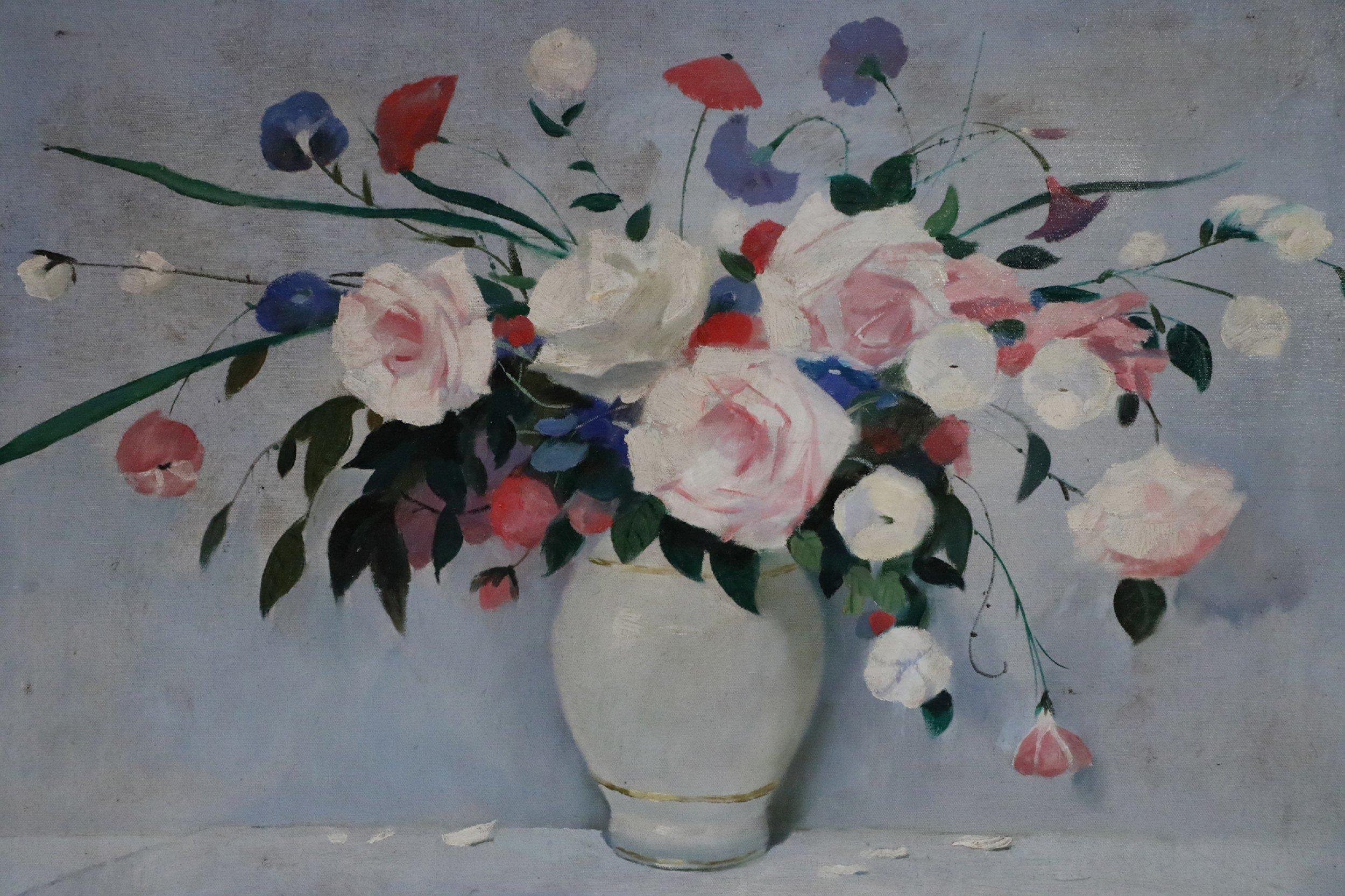 Vintage (20th Century) unframed canvas oil painting of a white and gold vase holding an abundant arrangement of white, pink, purple and red florals, against a pale blue background, foreground and shelf dotted with fallen petals.