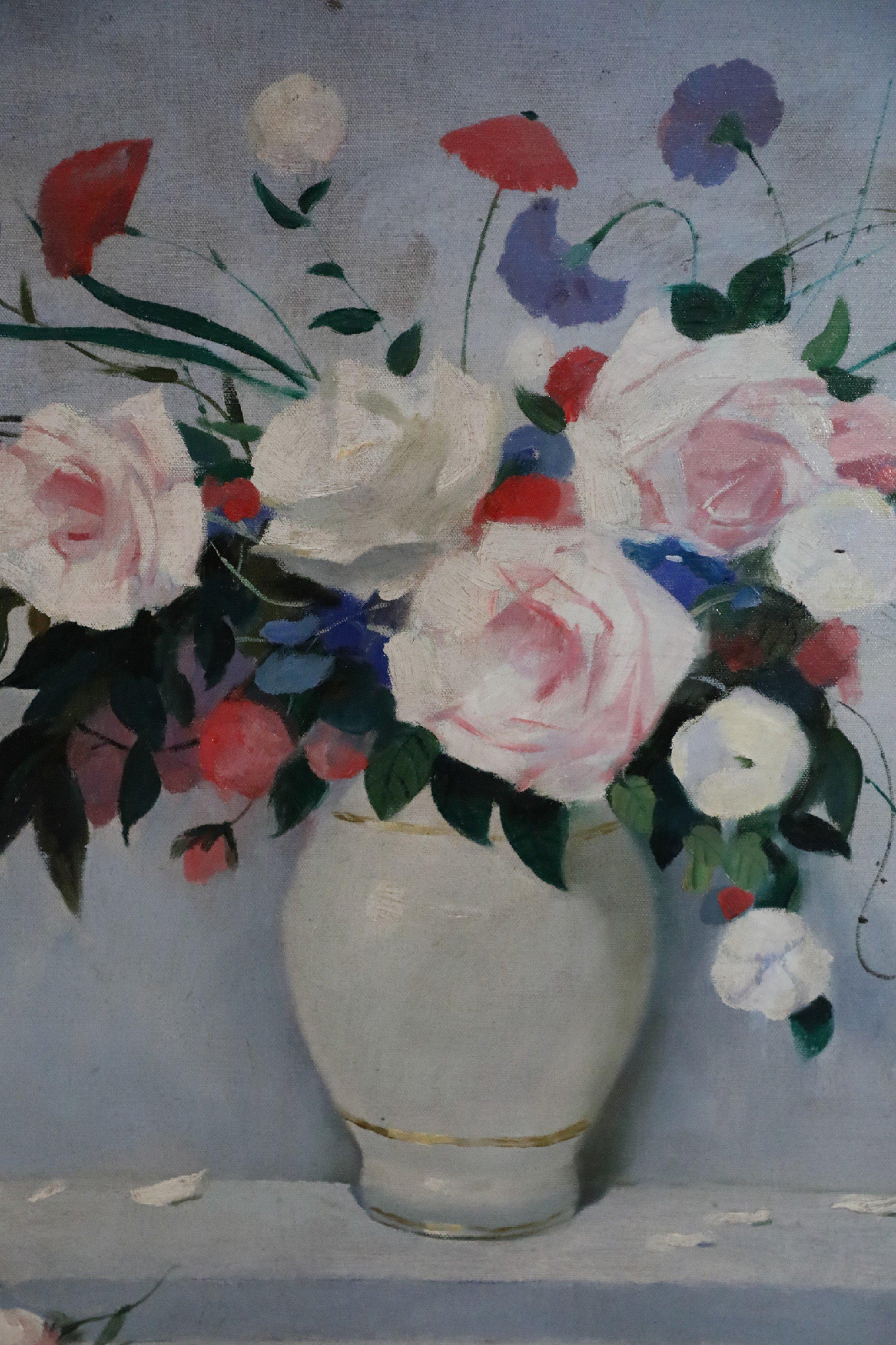 Blumenarrangement in weißer Vase, Stillleben auf Leinwand, Blumenmuster (Moderne der Mitte des Jahrhunderts) im Angebot