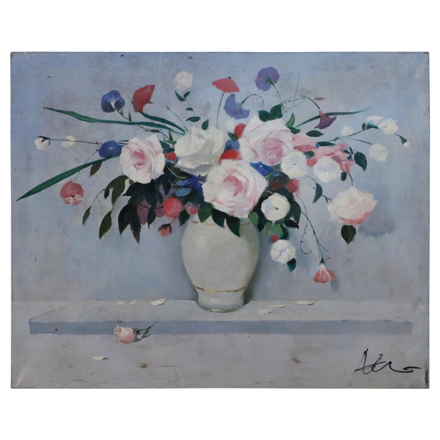 Floral Arrangement in weißer Vase, Stilllebengemälde auf Leinwand
