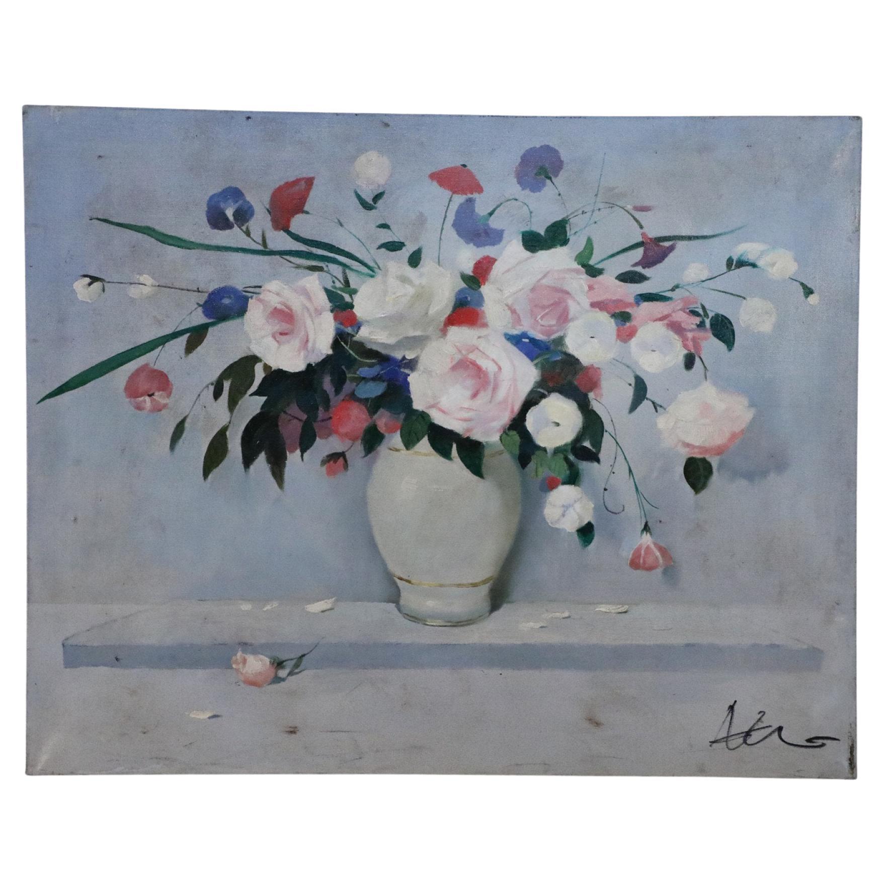 Floral Arrangement in White Vase Still Life Painting on Canvas For Sale
