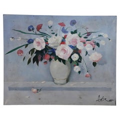 Vintage Floral Arrangement in White Vase Still Life Painting on Canvas