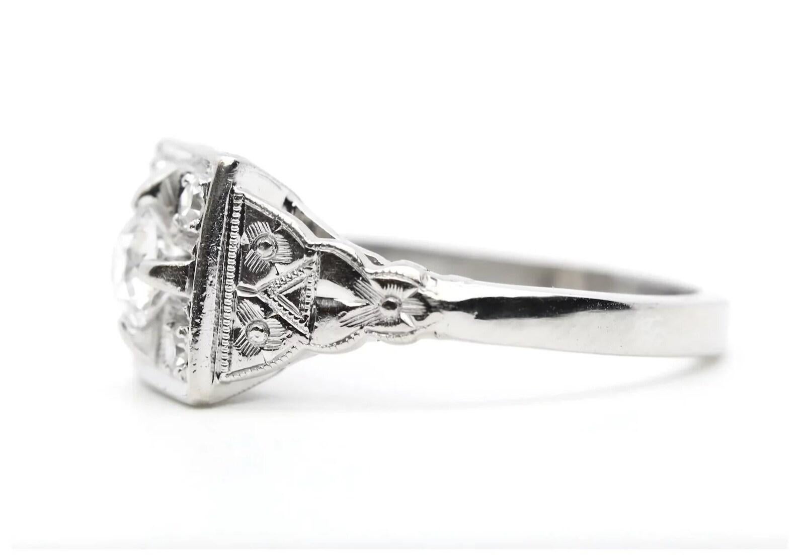 Round Cut Floral Art Deco 0.53ctw European Cut Diamond Engagement Ring in Platinum For Sale