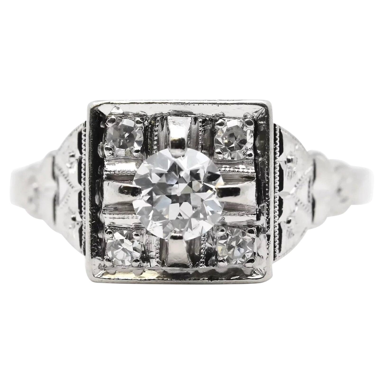 Floral Art Deco 0.53ctw European Cut Diamond Engagement Ring in Platinum For Sale