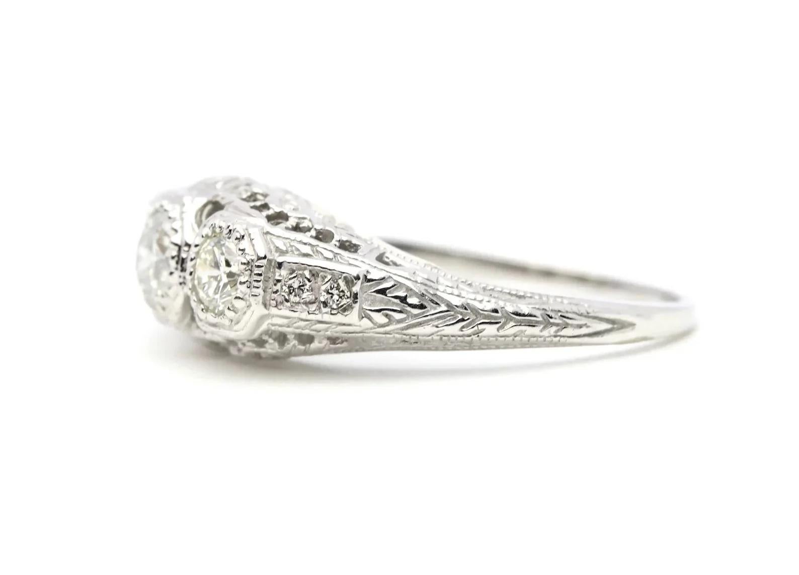 Old European Cut Floral Art Deco 0.80ctw Three Stone Diamond Ring in 18K White Gold For Sale