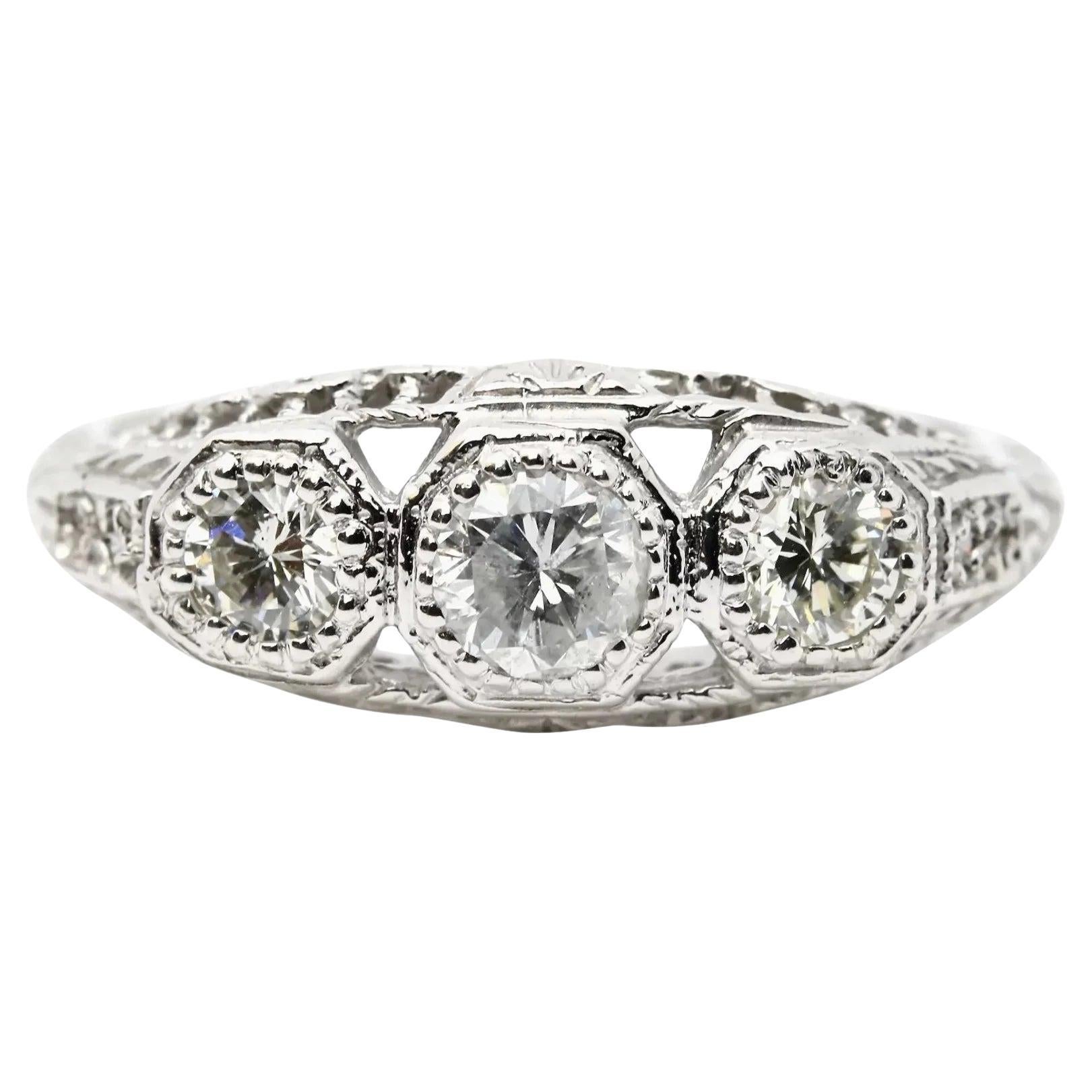Floral Art Deco 0.80ctw Three Stone Diamond Ring in 18K White Gold For Sale