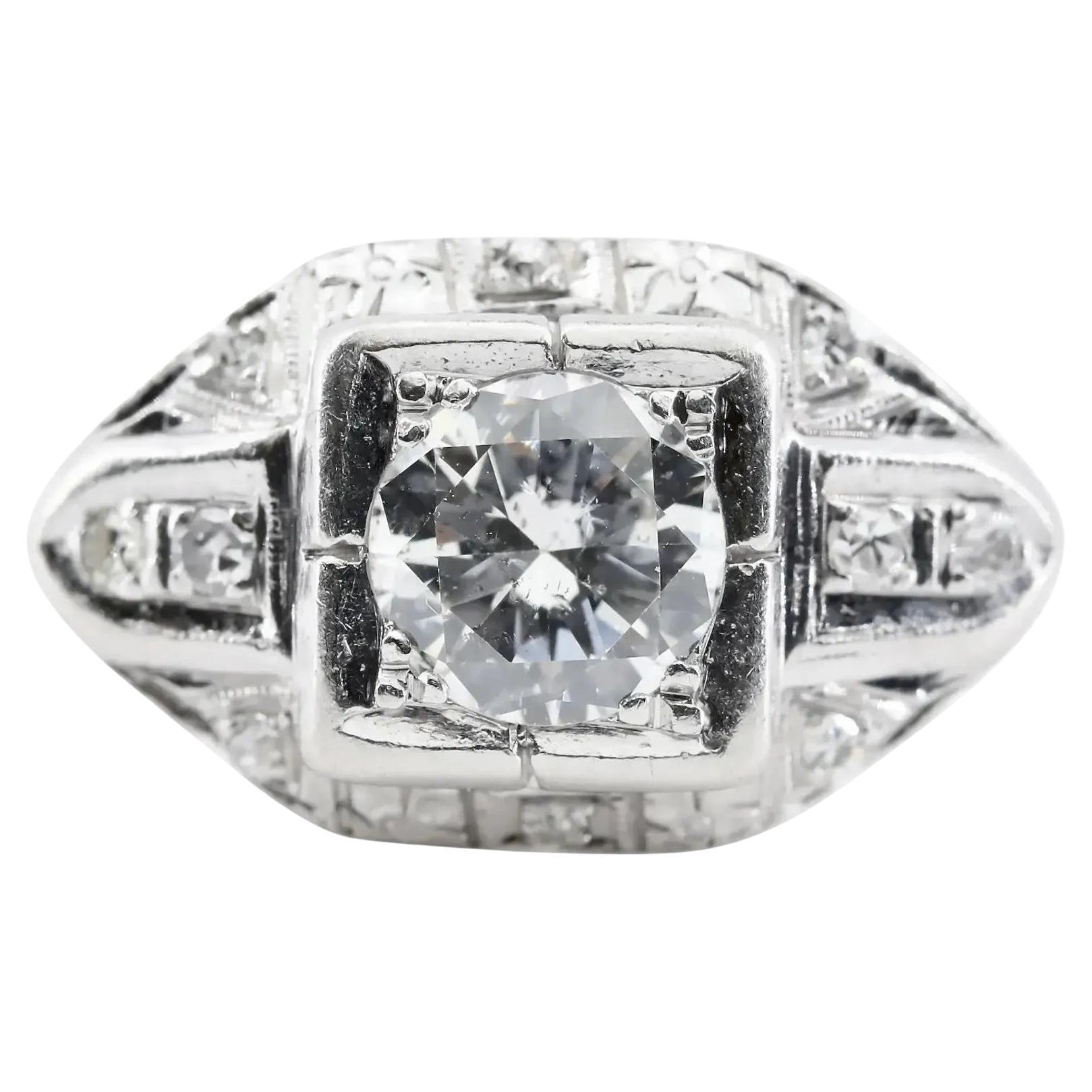 Floral Art Deco 1.00 CTW Diamond Engagement Ring in Platinum For Sale