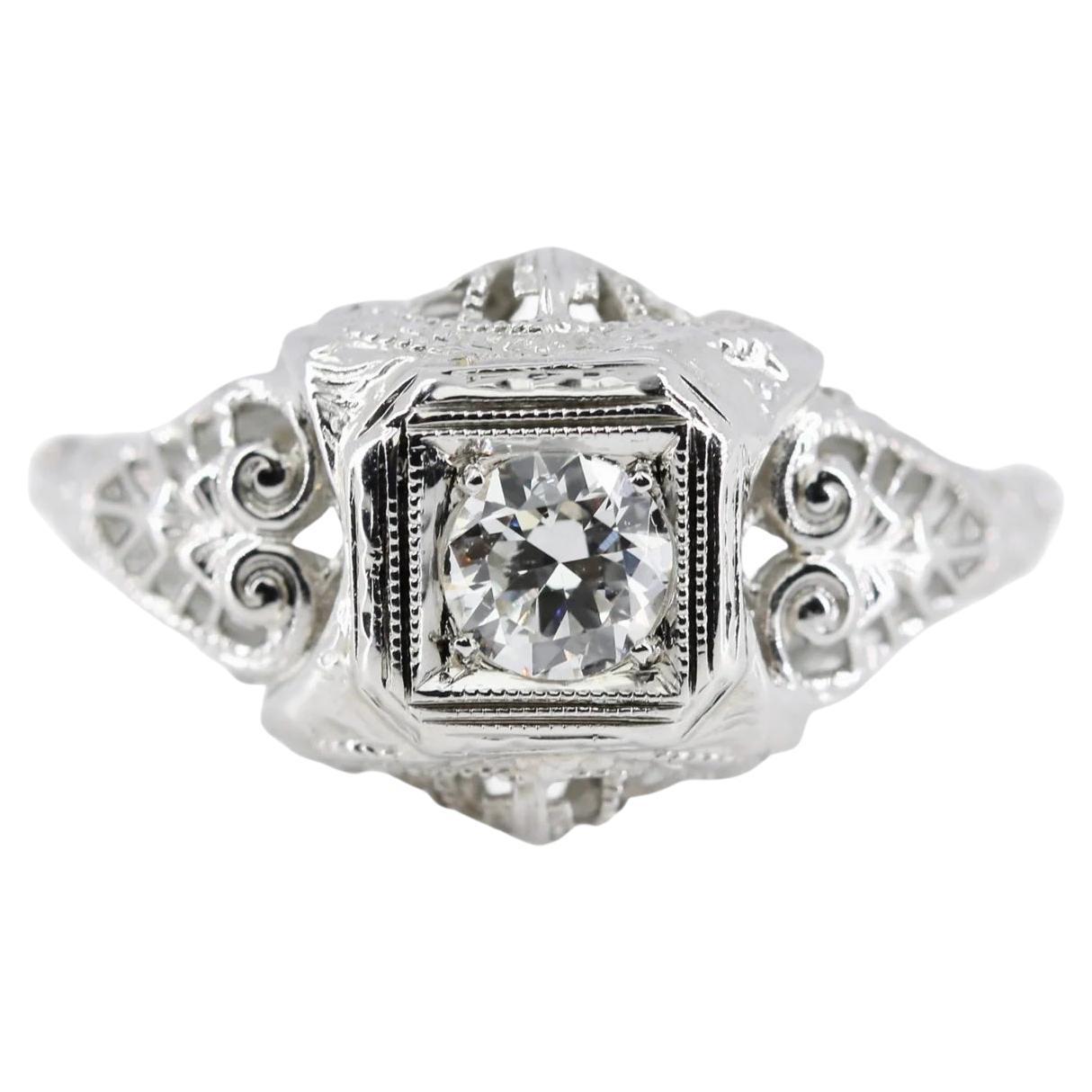 Floral Art Deco Diamond Filigree Engagement Ring in 18 Karat White Gold For Sale