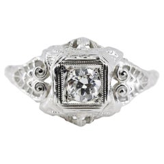 Antique Floral Art Deco Diamond Filigree Engagement Ring in 18 Karat White Gold