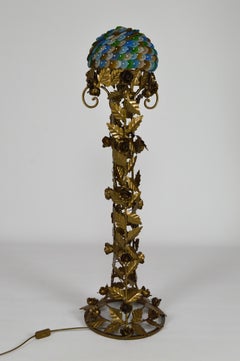 Floral Art Deco Floor Lamp in Gilded Wrought Iron & Glass Flowers, circa 1930