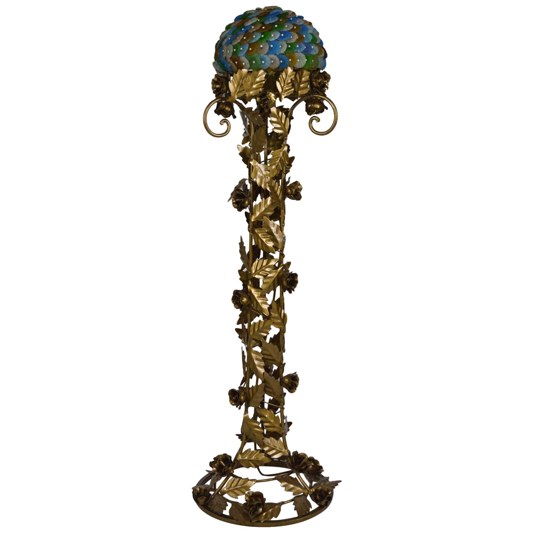Floral Art Deco Floor Lamp in Gilded Wrought Iron & Glass Flowers, circa 1930 For Sale