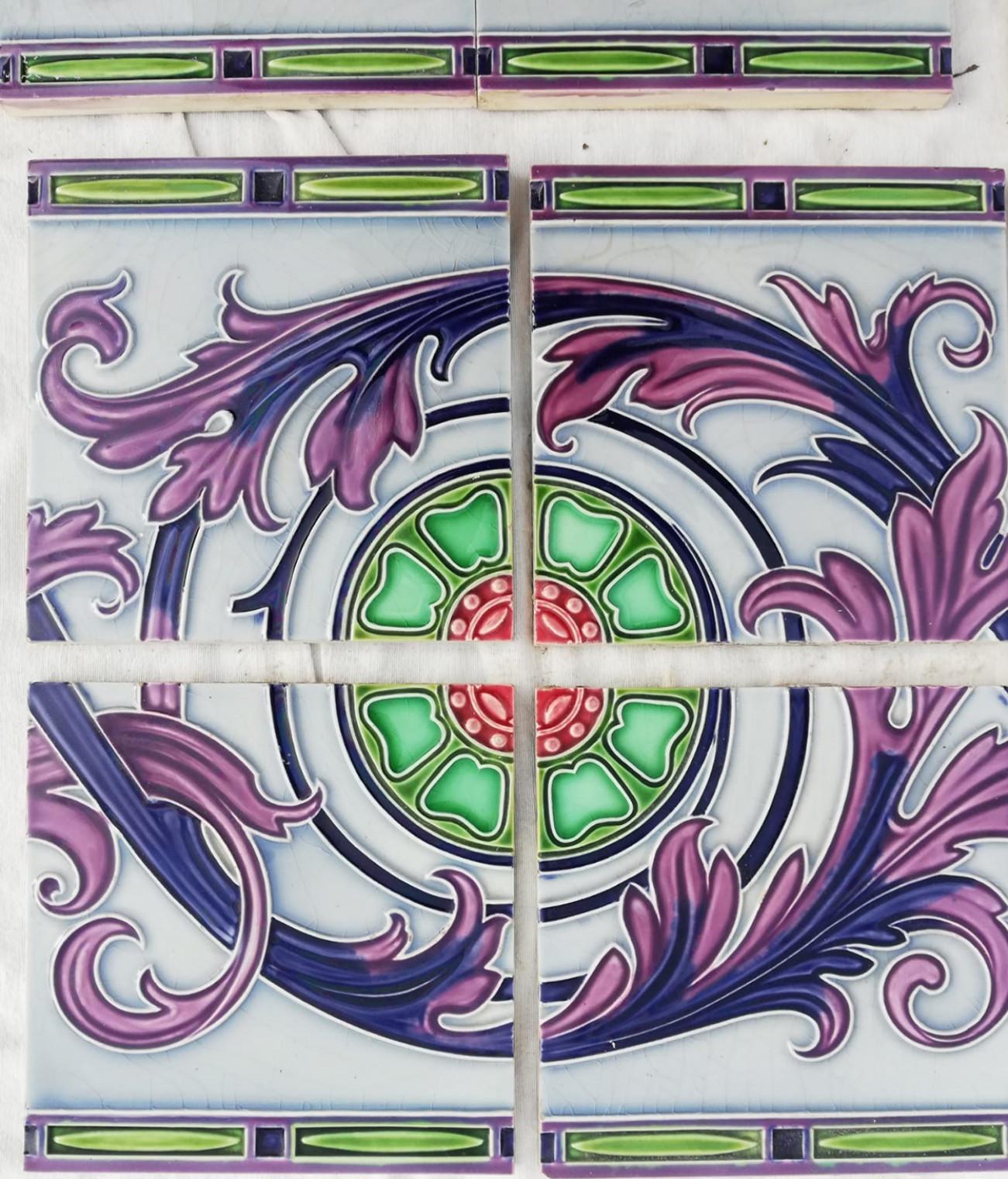 Azulejos florales Art Déco en relieve esmaltados de Gilliot, Hemiksem, hacia 1920 en venta 8