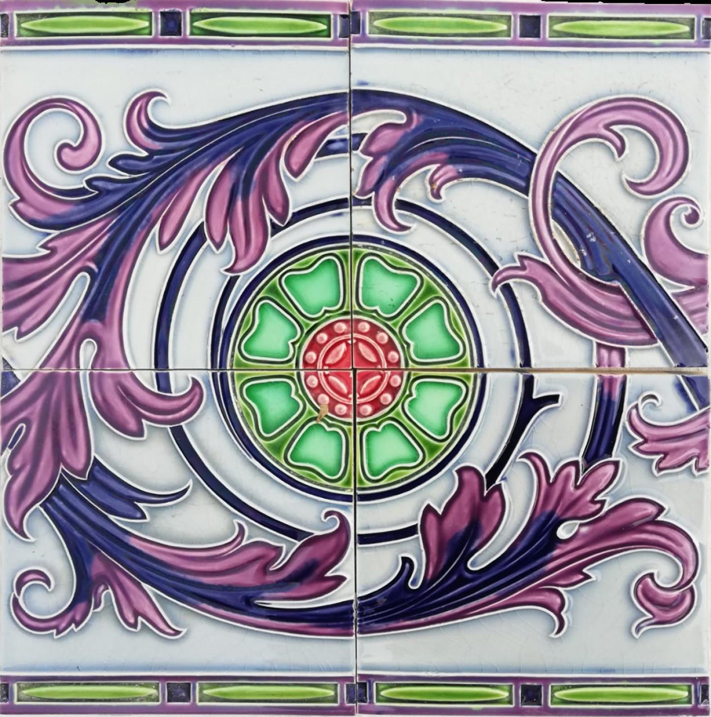 1 of the 60 handmade tiles in rich purple and lightblue glazed colors with beautiful circular floral design. Manufactured around 1920 by Gilliot Hemiksem, Belgium.  One tile set is divided in four squares, each symmetrically designed with a floral