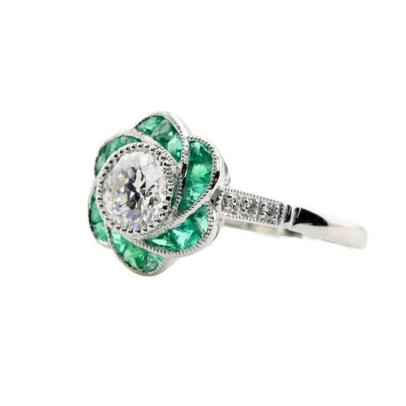 Old European Cut Floral Art Deco Old European Diamond & Emerald Engagement Ring in Platinum For Sale