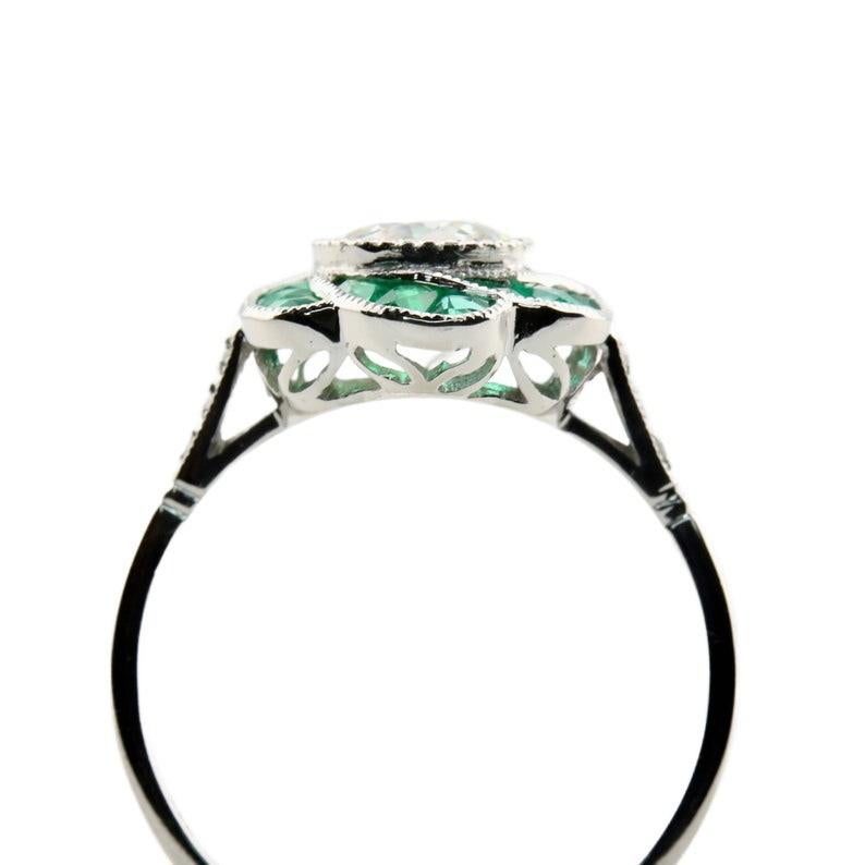Floral Art Deco Old European Diamond & Emerald Engagement Ring in Platinum In Good Condition For Sale In Boston, MA
