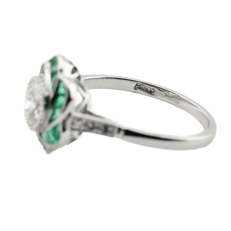 Women's or Men's Floral Art Deco Old European Diamond & Emerald Engagement Ring in Platinum For Sale
