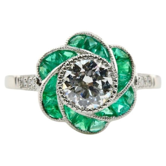 Floral Art Deco Old European Diamond & Emerald Engagement Ring in Platinum For Sale