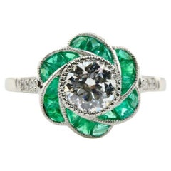 Antique Floral Art Deco Old European Diamond & Emerald Engagement Ring in Platinum