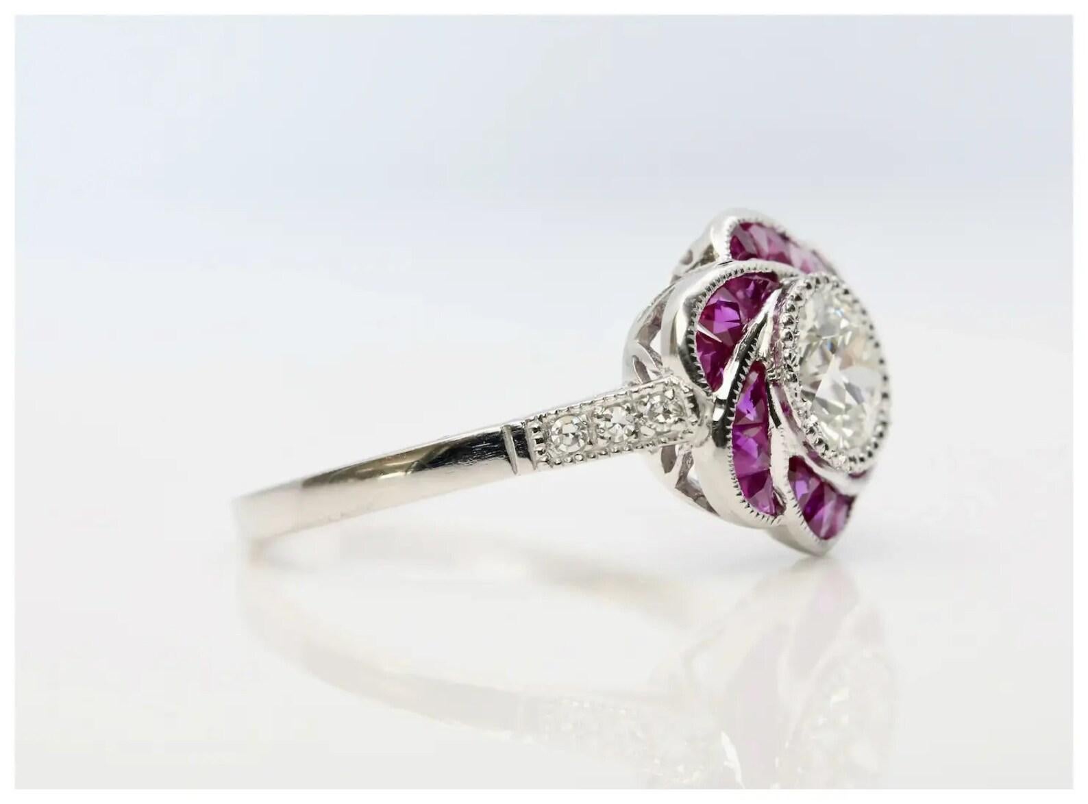 Old European Cut Floral Art Deco Old European Diamond & Ruby Engagement Ring in Platinum For Sale