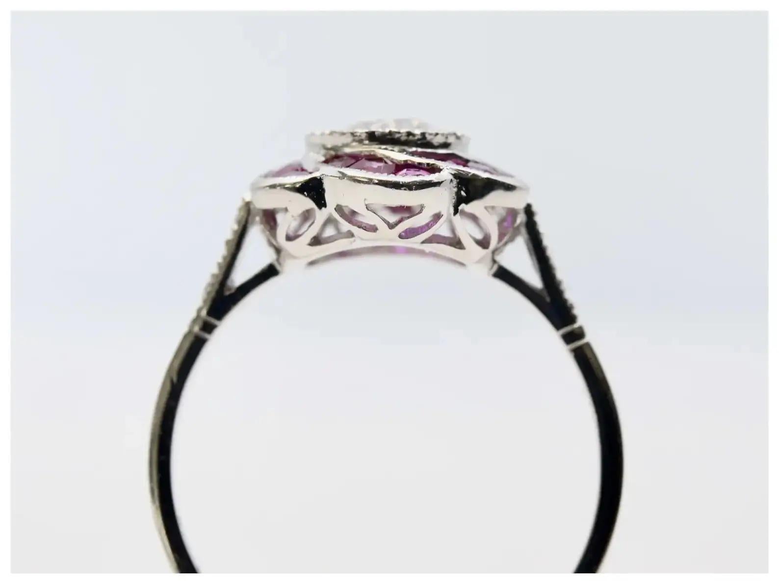 Floral Art Deco Old European Diamond & Ruby Engagement Ring in Platinum In Excellent Condition For Sale In Boston, MA