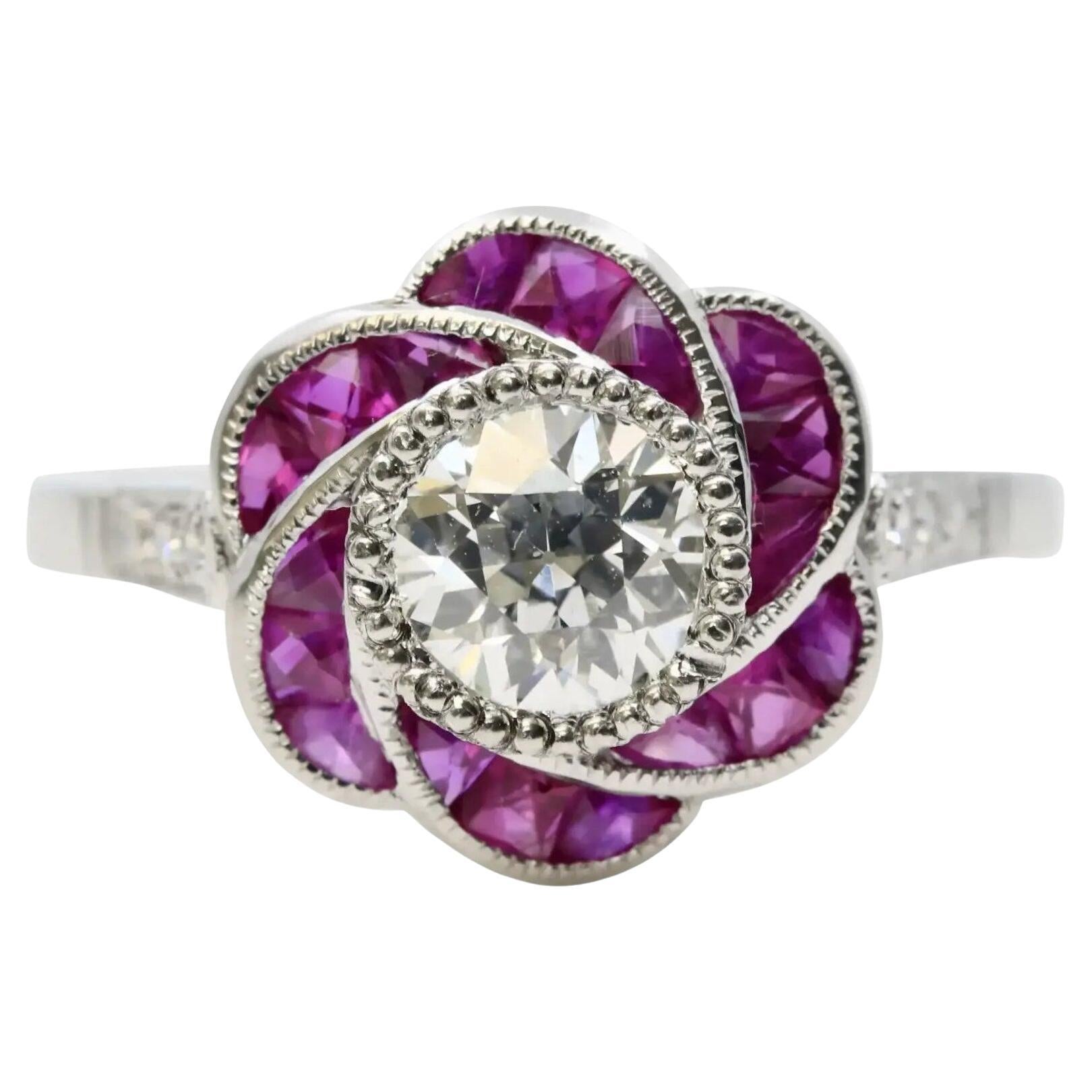 Floral Art Deco Old European Diamond & Ruby Engagement Ring in Platinum For Sale