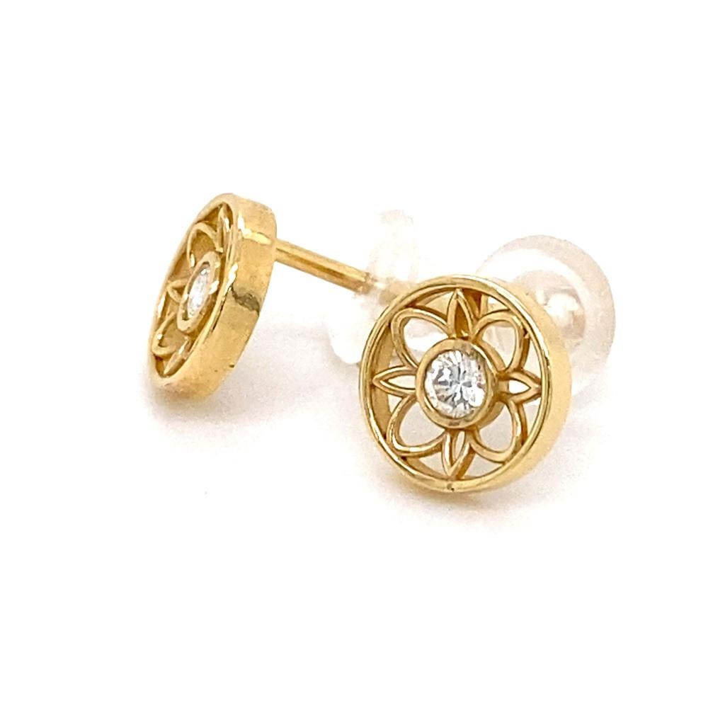 Floral Art Deco Revive Diamond Stud Sun Earrings .09 Carats 14K Yellow Gold 8mm Neuf - En vente à Austin, TX