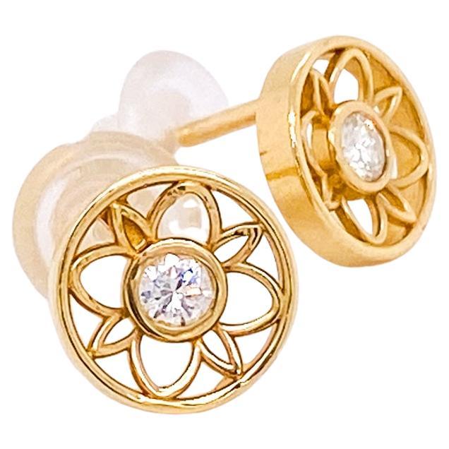 Floral Art Deco Revival Diamond Stud Sun Earrings .09 Carats 14K Yellow Gold 8mm For Sale