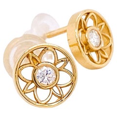 Floral Art Deco Revival Diamond Stud Sun Earrings .09 Carats 14K Yellow Gold 8mm