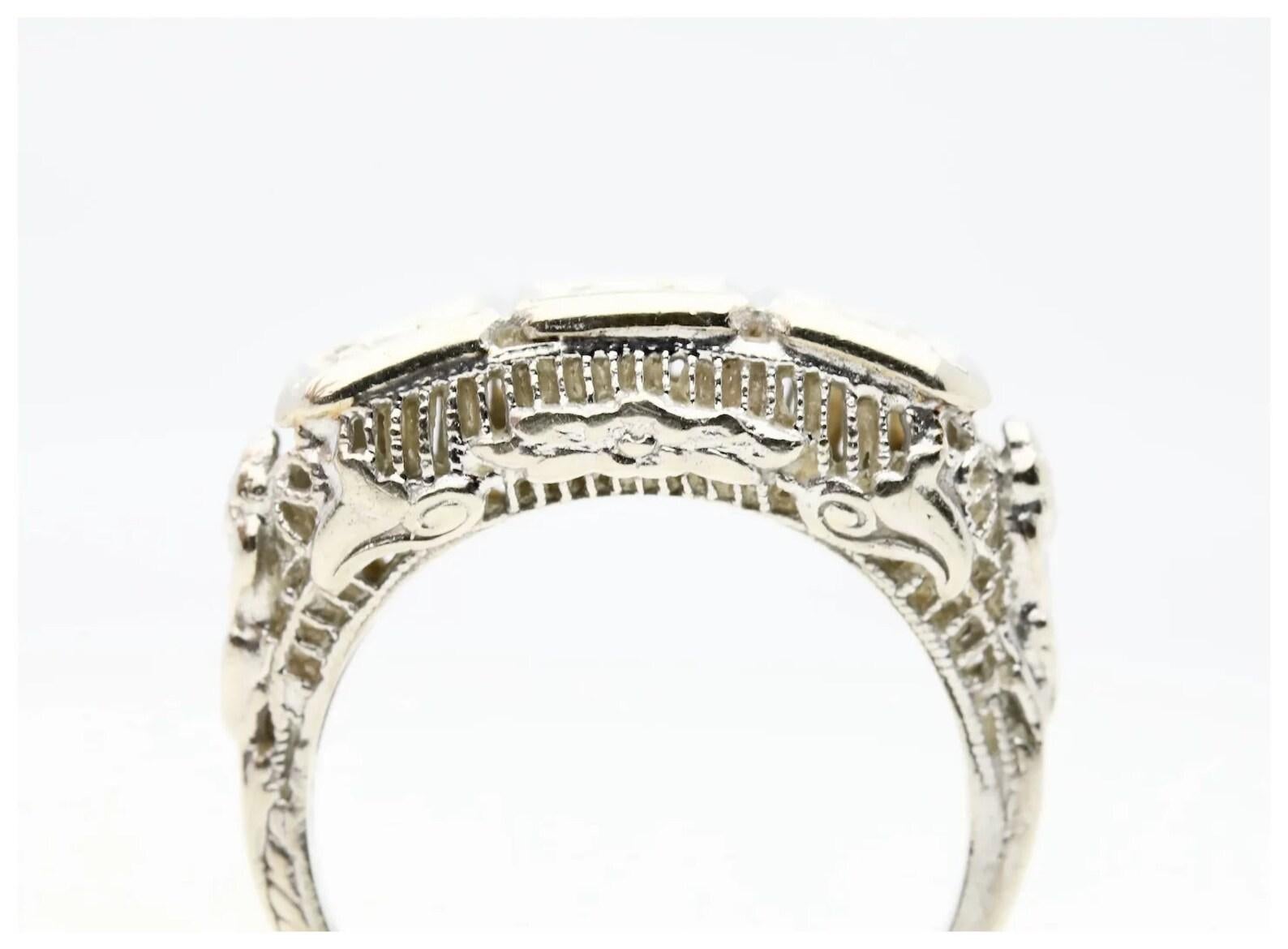 Women's Floral Art Deco Three Stone Diamond Filigree Ring in 14K White Gold For Sale