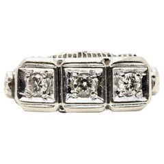 Floral Art Deco Three Stone Diamond Filigree Ring in 14K White Gold
