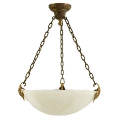 Floral Art Nouveau Alabaster Dish Brass Pendant Light 3 Sockets