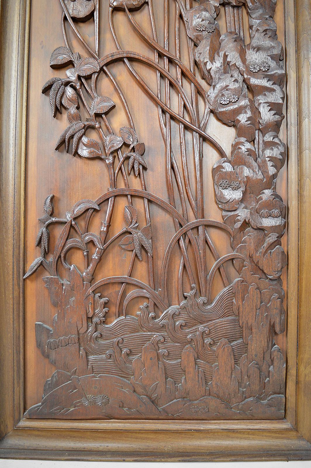 Floral Art Nouveau Japonism Folding Screen in Carved Wood, France, circa 1890 5