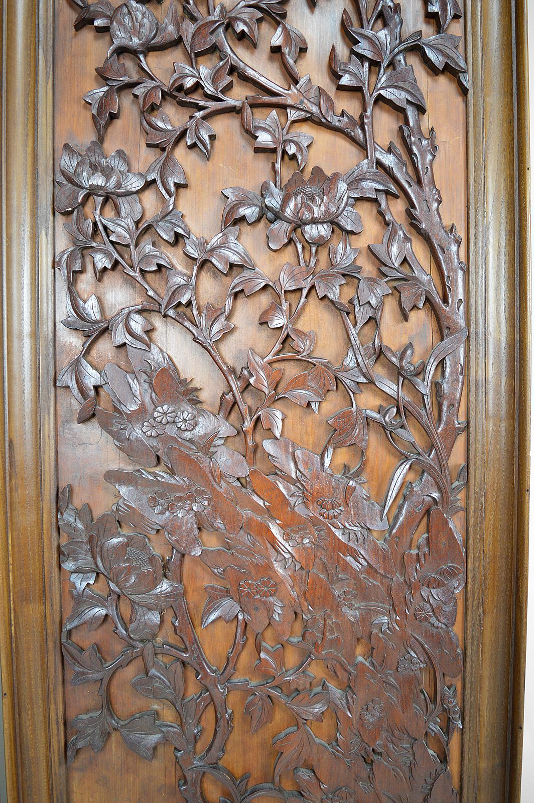 Floral Art Nouveau Japonism Folding Screen in Carved Wood, France, circa 1890 1