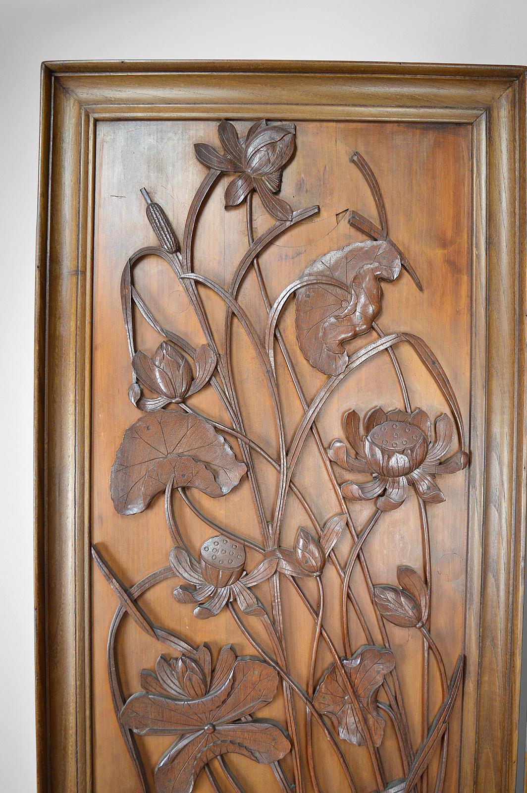 Floral Art Nouveau Japonism Folding Screen in Carved Wood, France, circa 1890 3