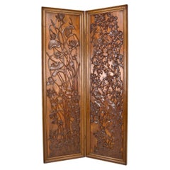 Floral Art Nouveau Japonism Folding Screen in Carved Wood, France, circa 1890