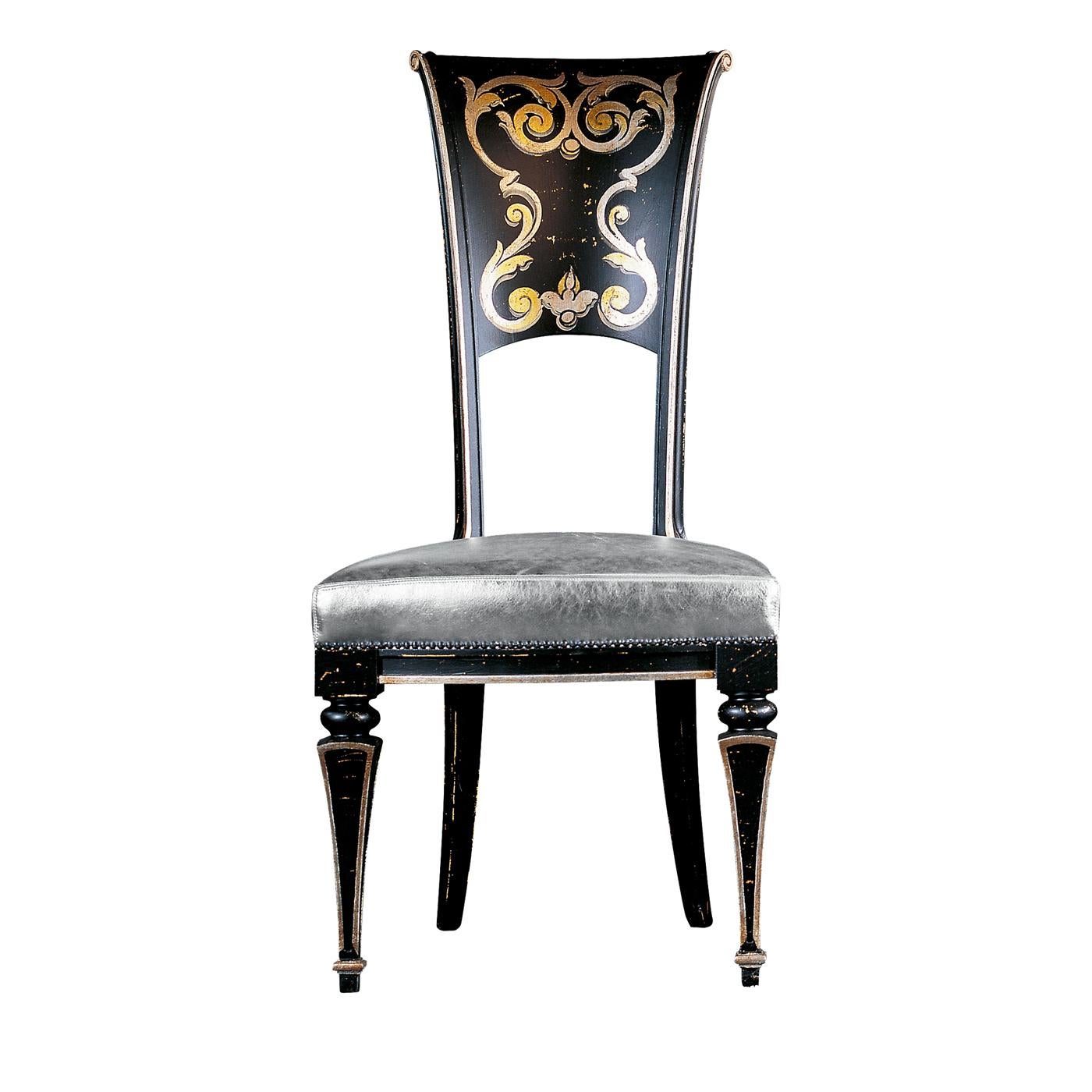 Unique and sophisticated, this chair will be a magnificent accent piece to showcase in both a Classic and a contemporary interior. Its solid wood structure is entirely handcrafted and features a combination of traditional-inspired elements and an