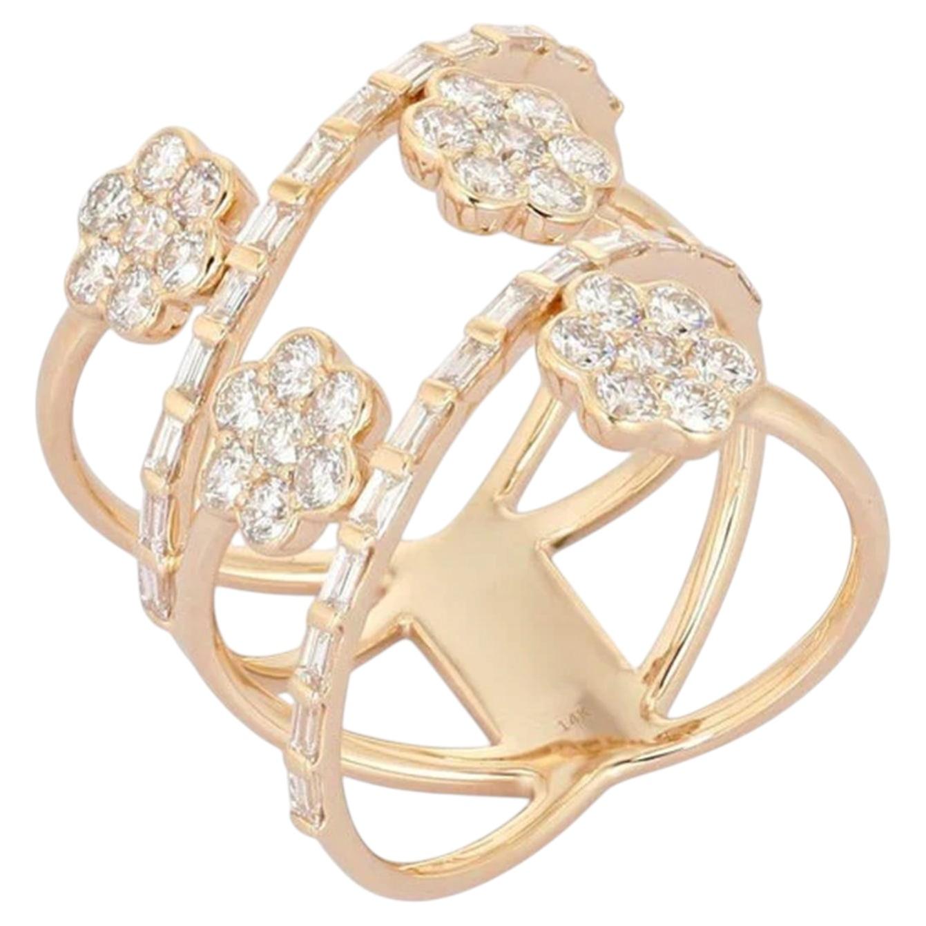 Floral Band Multi Row Diamond Flower Ring in 14K Yellow Gold