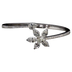 Floral Bangle with 5.22 Carat Marquise and Round Diamonds in 14k White Gold