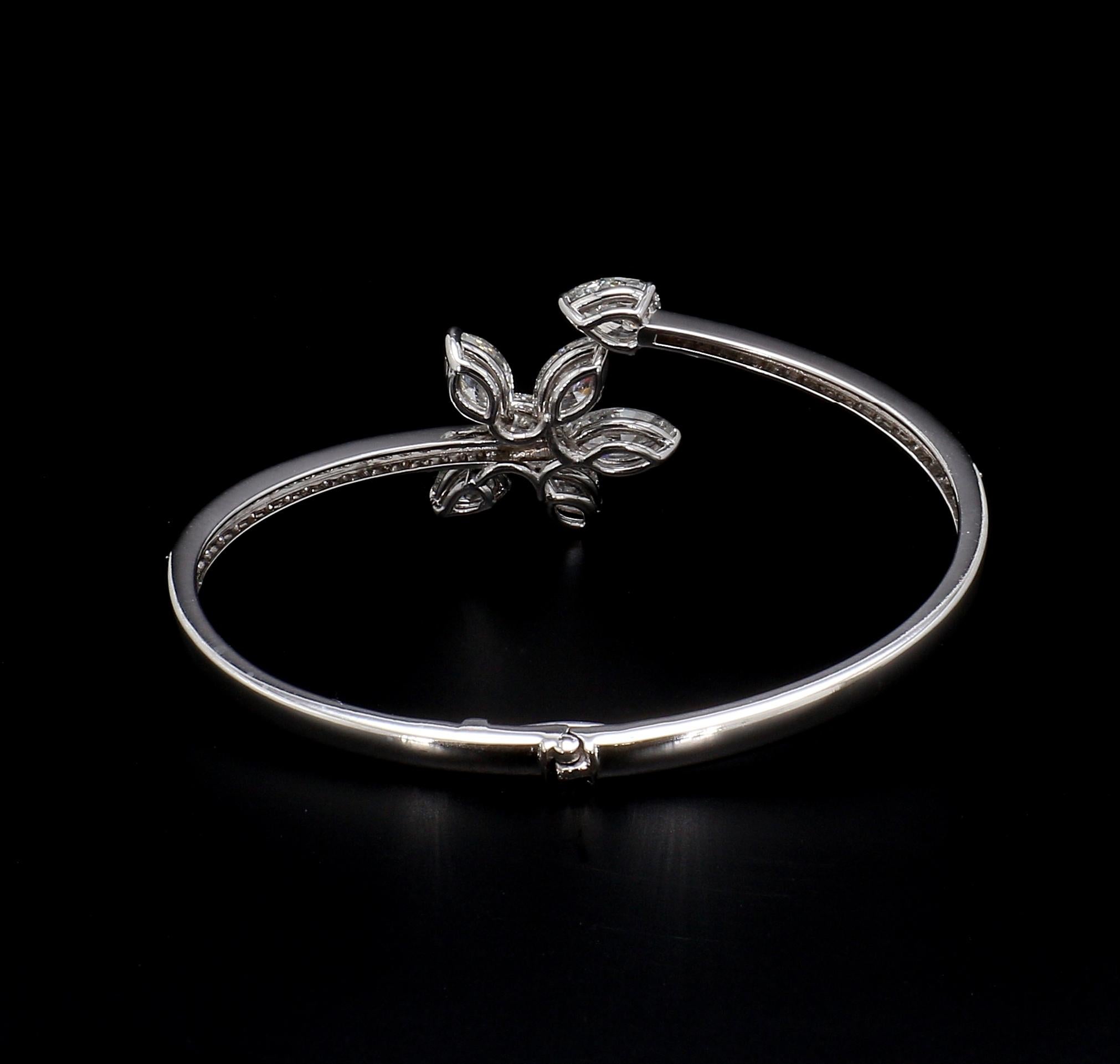 Marquise Cut Floral Bangle with 5.22 Carat Marquise and Round Diamonds in 14k White Gold