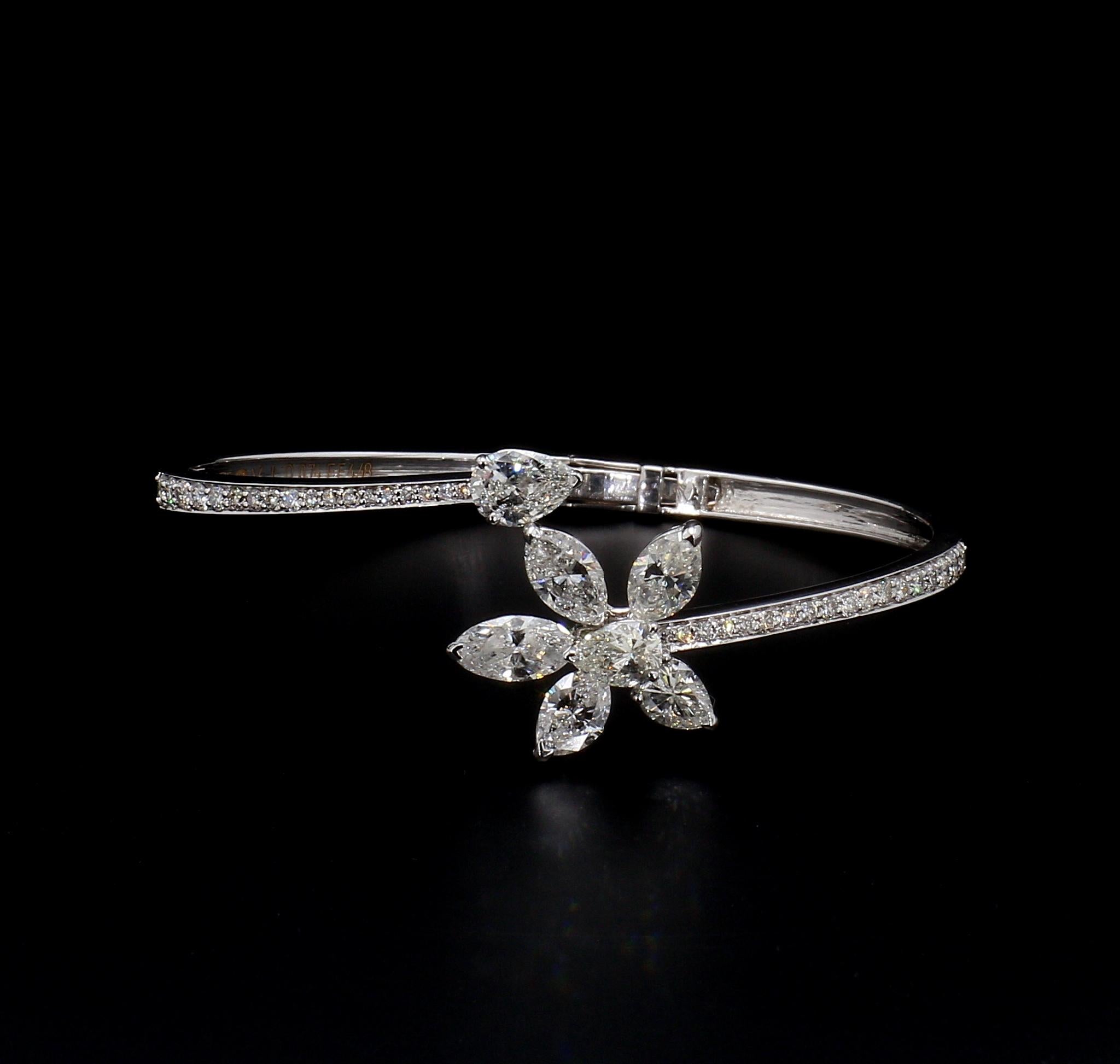 Women's or Men's Floral Bangle with 5.22 Carat Marquise and Round Diamonds in 14k White Gold