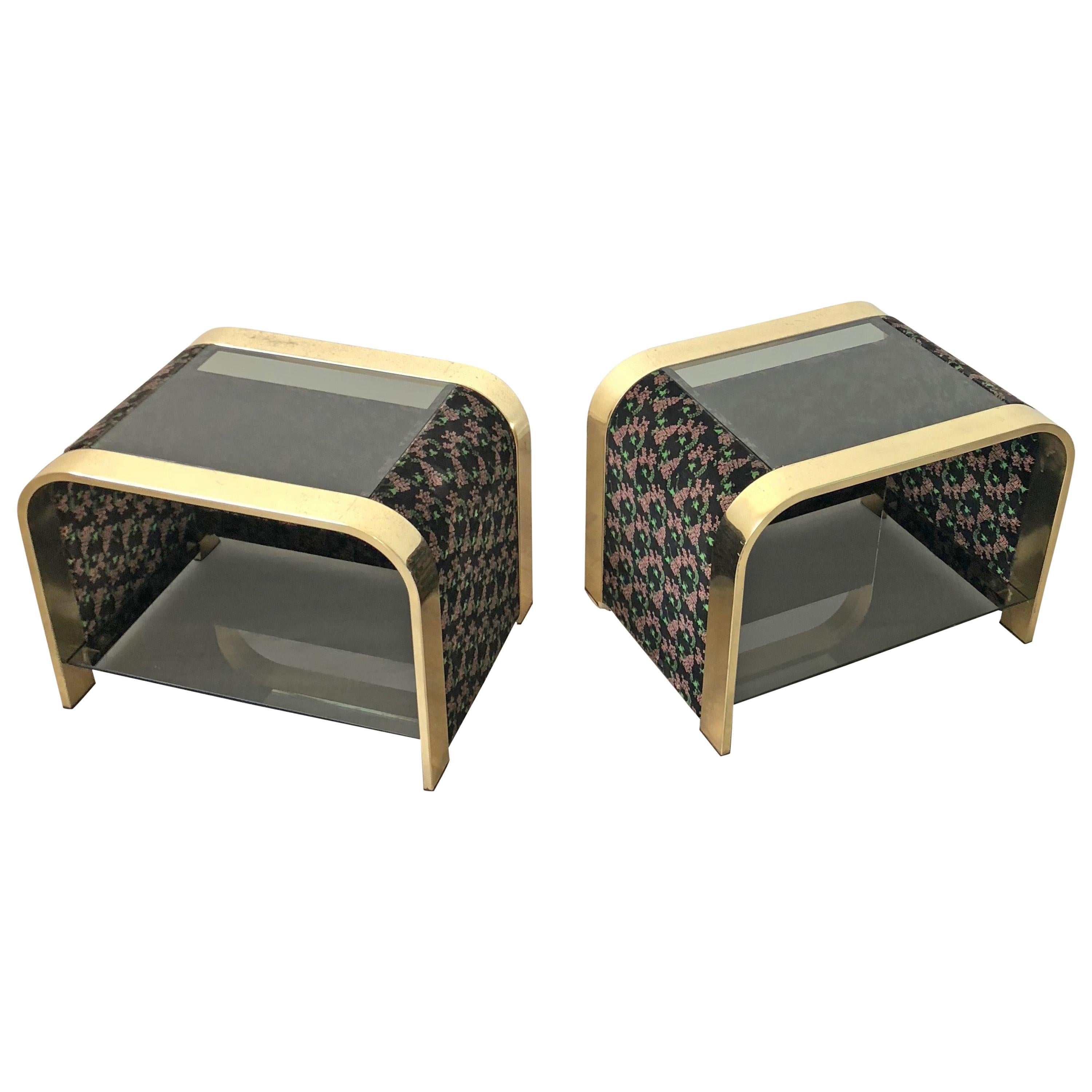 Floral Bedside End Table in Brass, Velvet and Glass, Attributed to Romeo Rega For Sale