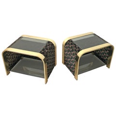 Retro Floral Bedside End Table in Brass, Velvet and Glass, Attributed to Romeo Rega