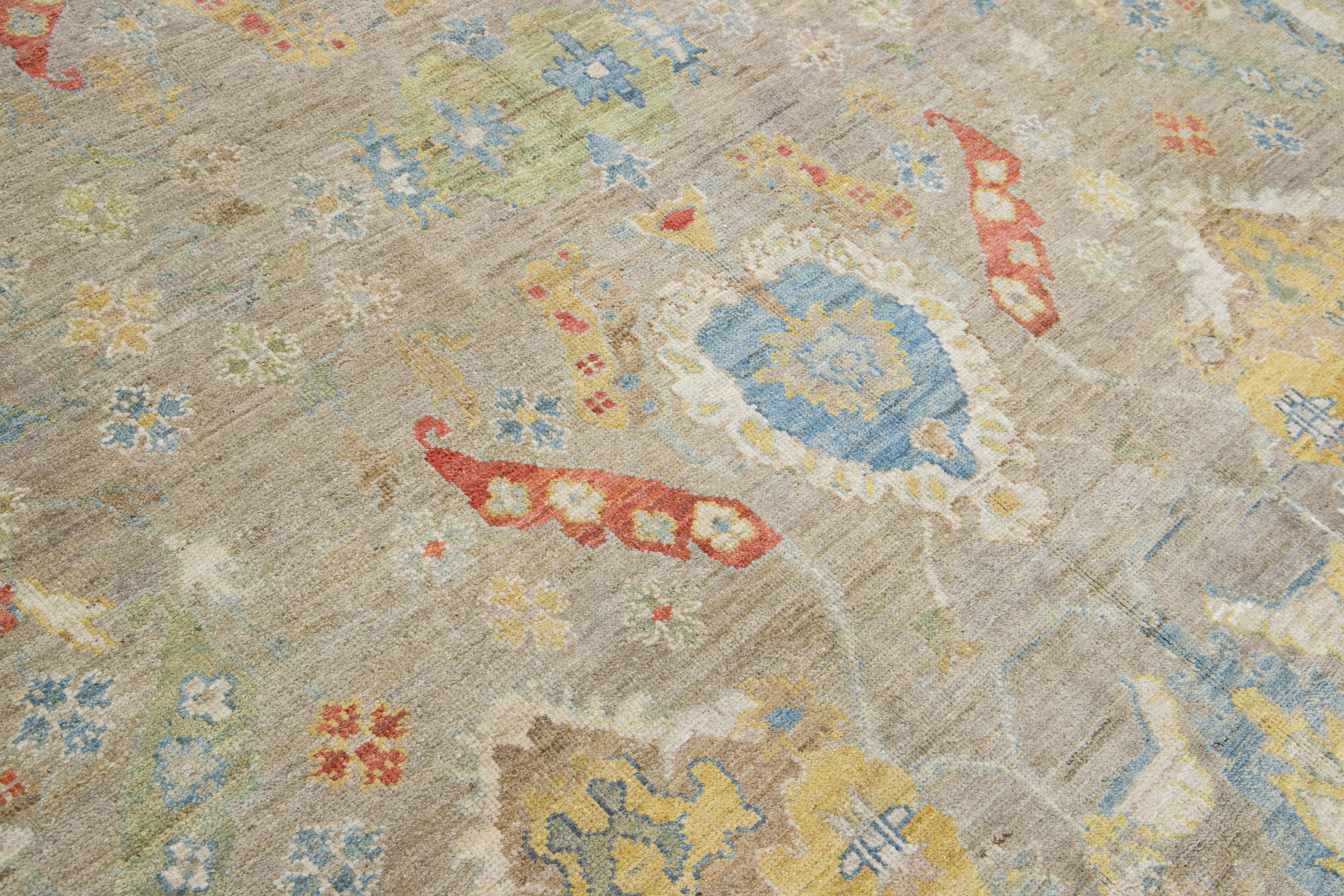 Contemporary Floral Beige Modern Over Size Sultanabad Wool Rug For Sale