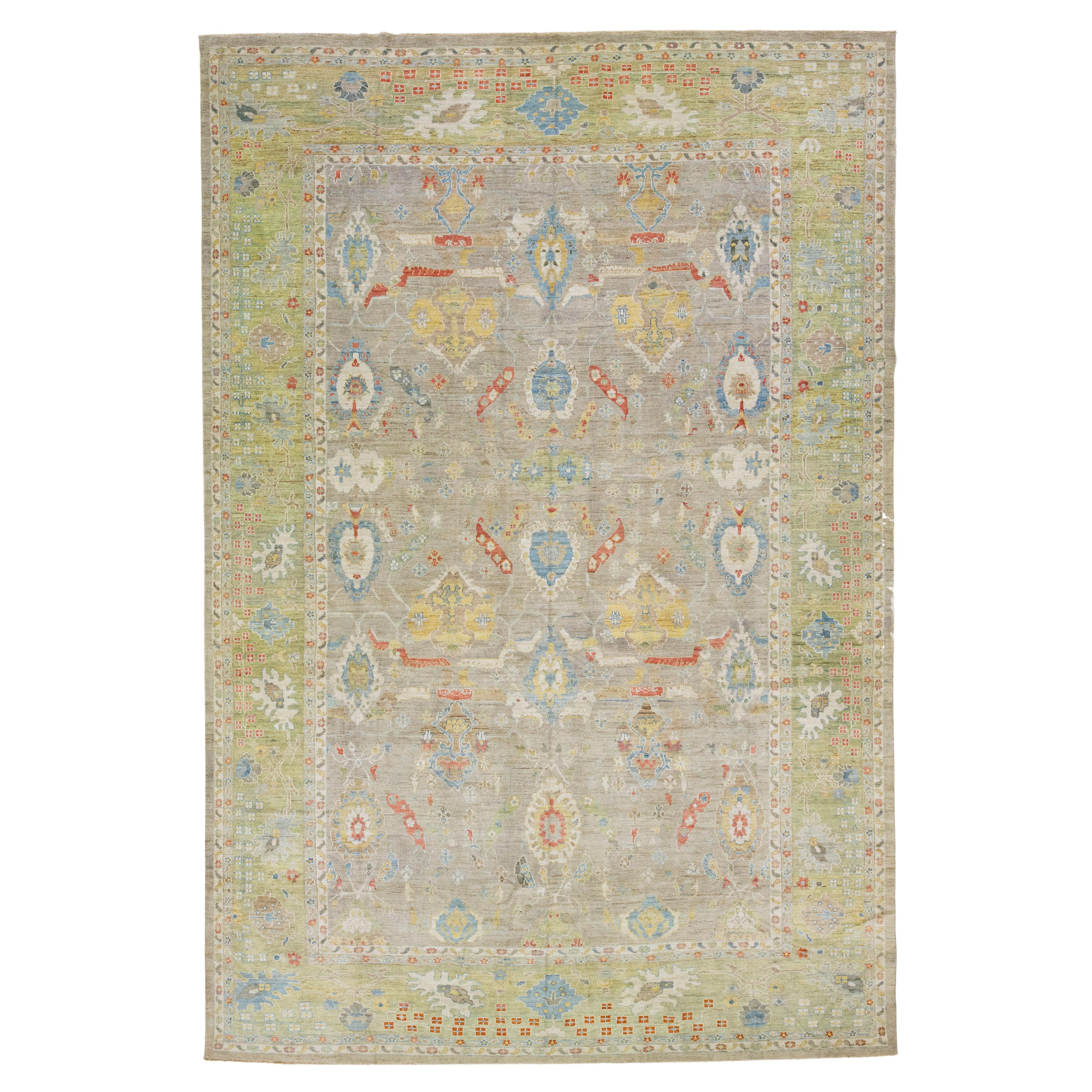 Floral Beige Modern Over Size Sultanabad Wool Rug For Sale