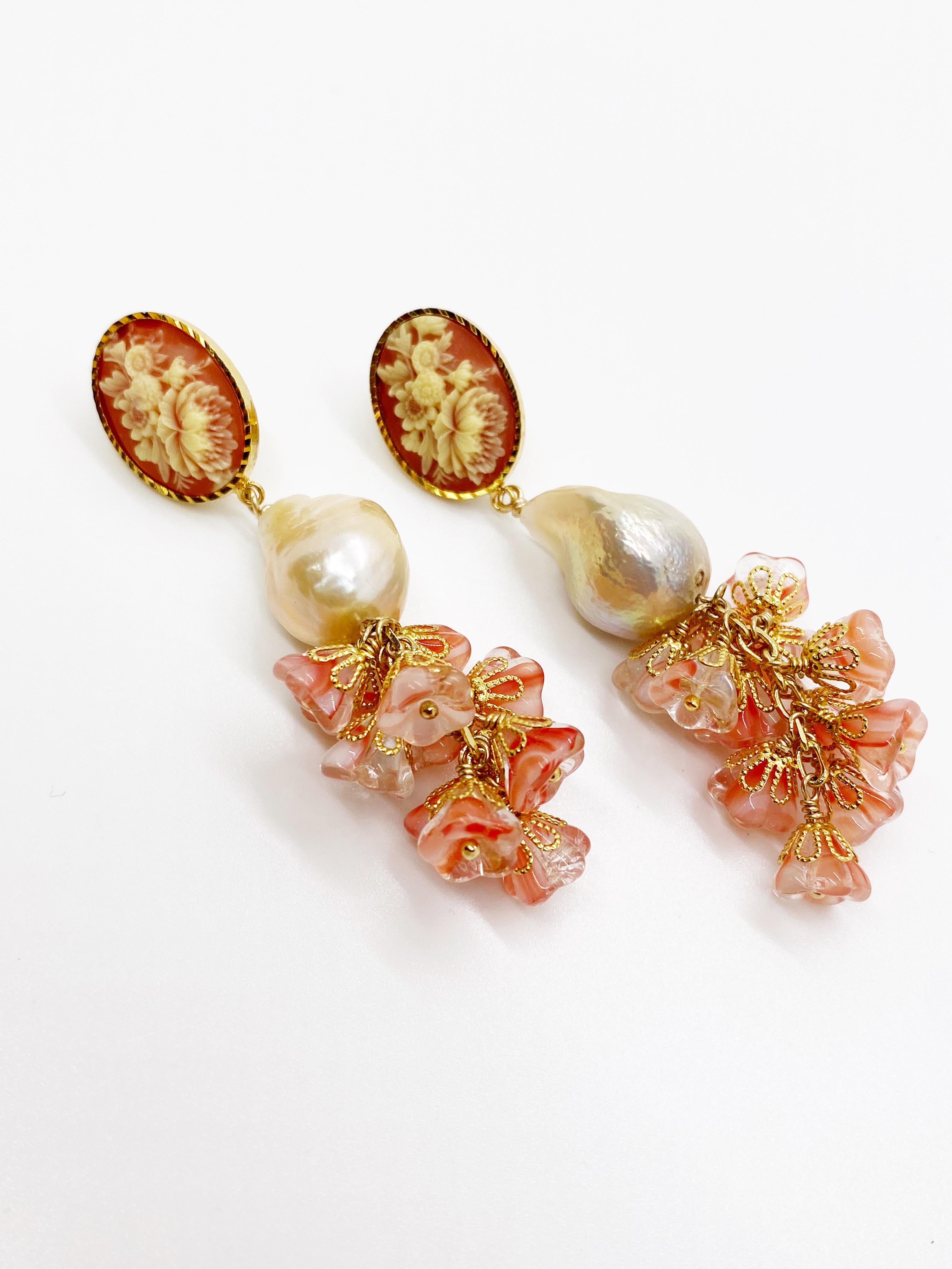 Artisan Floral Bells & Pearl Earrings For Sale