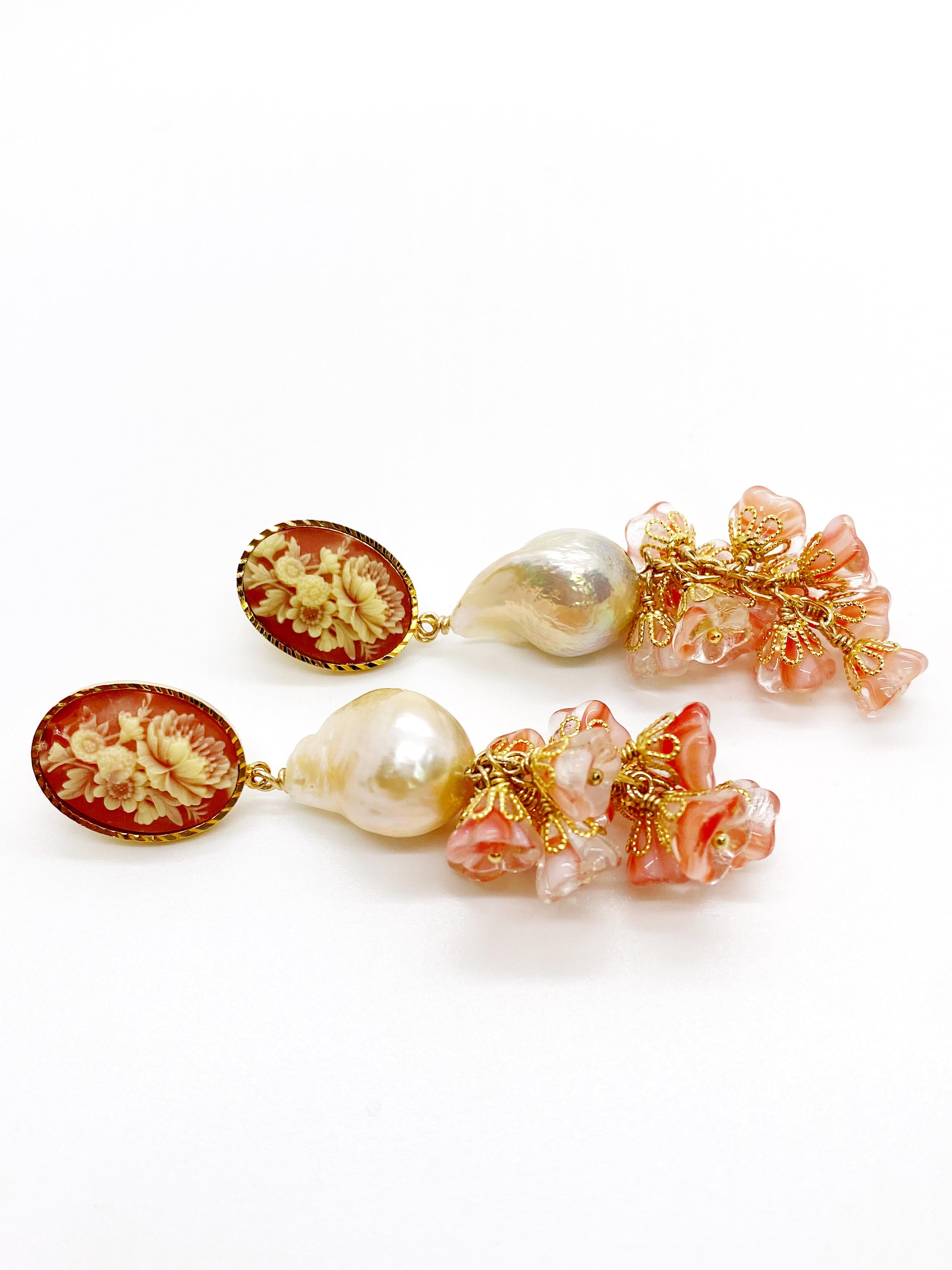 Uncut Floral Bells & Pearl Earrings For Sale
