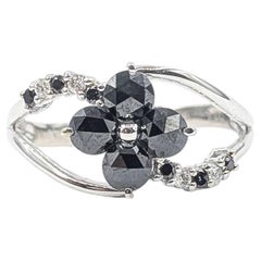 Floral Black & White Diamond Ring in 18k White Gold