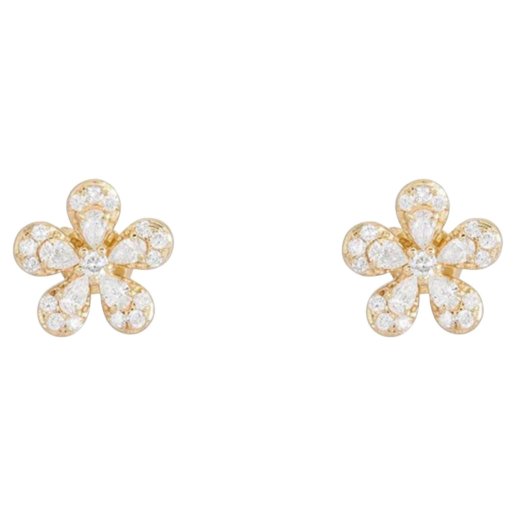 0.90ct Baguette & Full Cut Diamond Floral Bloom 14K Gold Stud Earrings