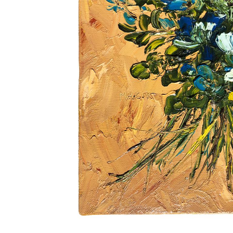 Floral painting of a bouquet oil on canvas. Thick canvas is stretched over a wood frame. Think oil paint is artfully applied giving it texture. Summer wildflowers hold court in the middle of this piece on top of a yellow/brown background. This piece